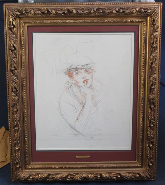 Paul Cesar Helleu (French, 1859-1927) Jeune Femme aux Chapeau (Mlle Kelly), 21.5 x 17.5in.